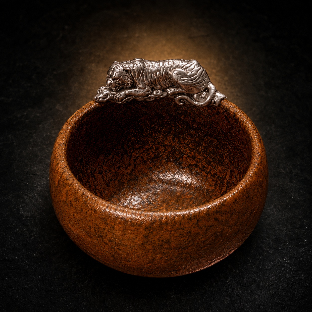 Tiger Zodiac Silver-Adorned Coarse Pottery Teacup|虎银饰粗陶茶杯