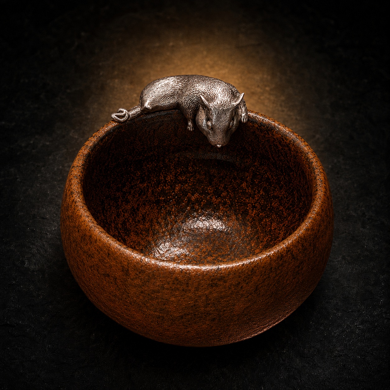 Rat Zodiac Silver-Adorned Coarse Pottery Teacup|鼠银饰粗陶茶杯