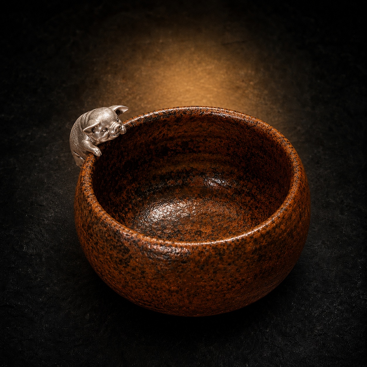 Pig Zodiac Silver-Adorned Coarse Pottery Teacup|猪银饰粗陶茶杯